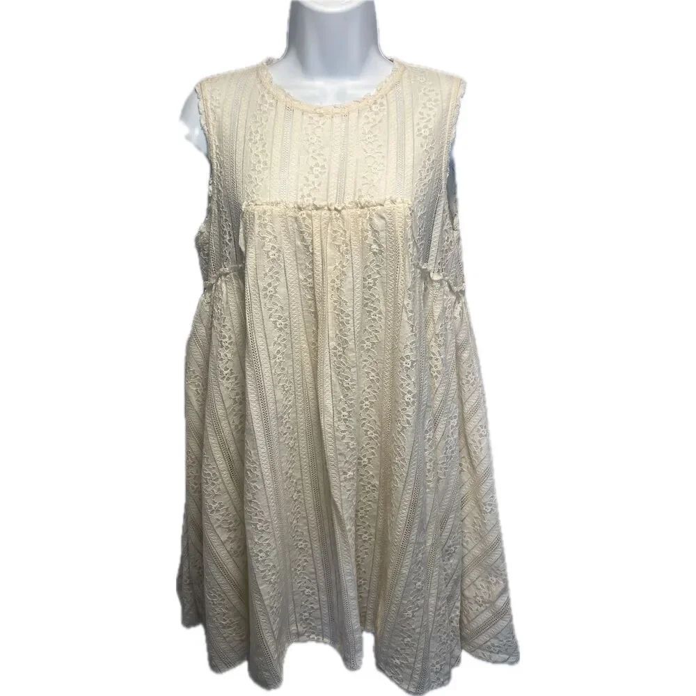 Free People Ivory Sleeveless Lined Floral Lace Baby Doll Tent Dress Empire Waist